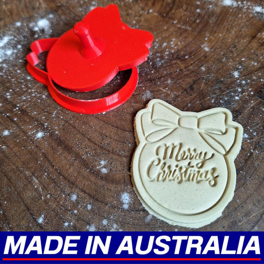 Bauble Decoration Merry Christmas Cookie Cutter Biscuit Ribbon Bow Set Embosser