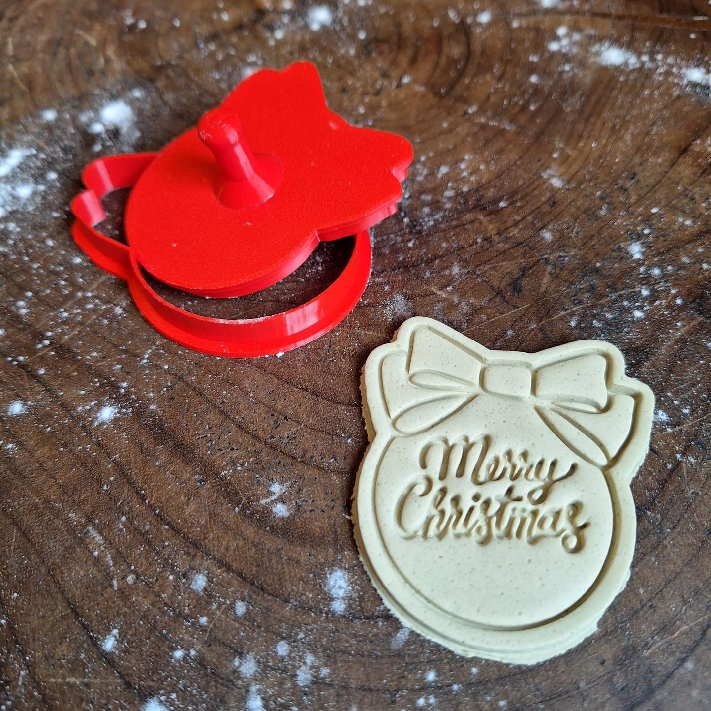 Bauble Decoration Merry Christmas Cookie Cutter Biscuit Ribbon Bow Set Embosser